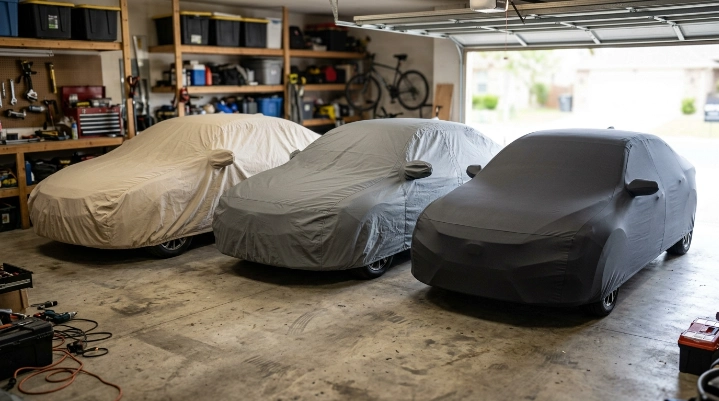 Three cars comparing loose universal, semi-custom, and close-fitting custom car covers.