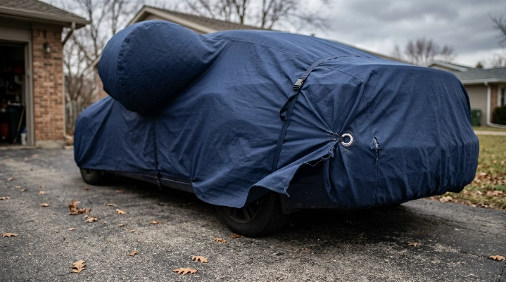 Wind billowing under a loose car cover and stressing a grommet until tearing begins