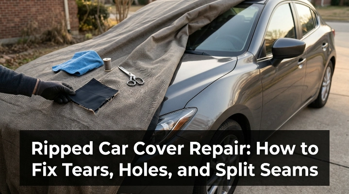 Ripped car cover repair showing a torn outdoor cover being patched beside a parked sedan