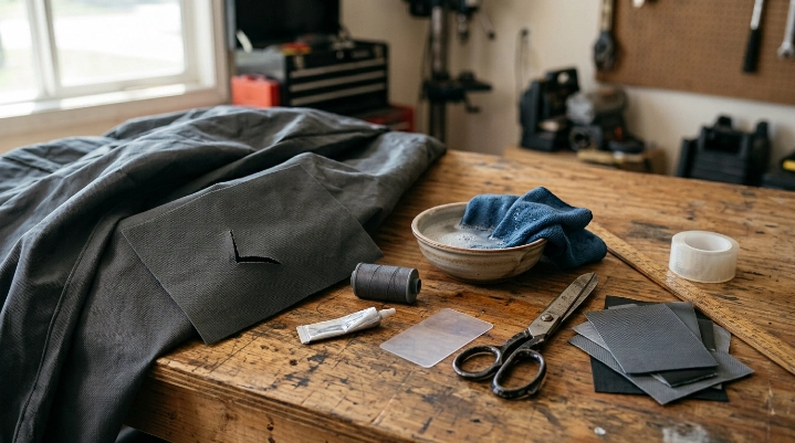 Ripped car cover repair supplies including patches, scissors, microfiber cloth, ruler, tape, and thread