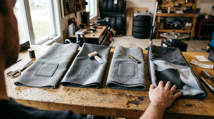 Four car cover materials shown with suitable patching, adhesive, and sewing repair methods