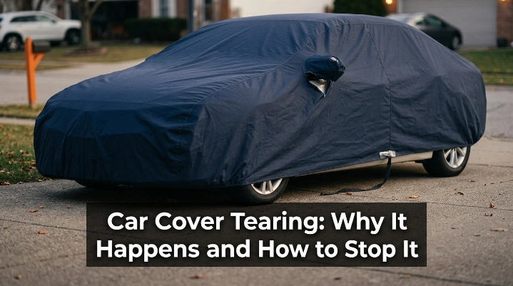 Torn outdoor car cover showing wind-related car cover tearing near a side mirror