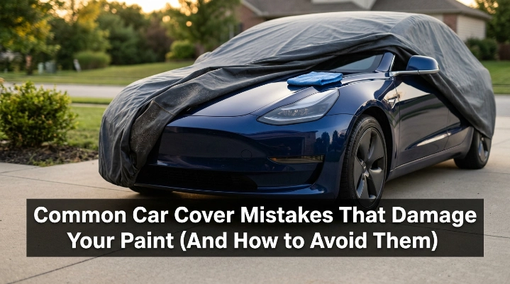 Modern car with protective cover showing paint protection mistakes