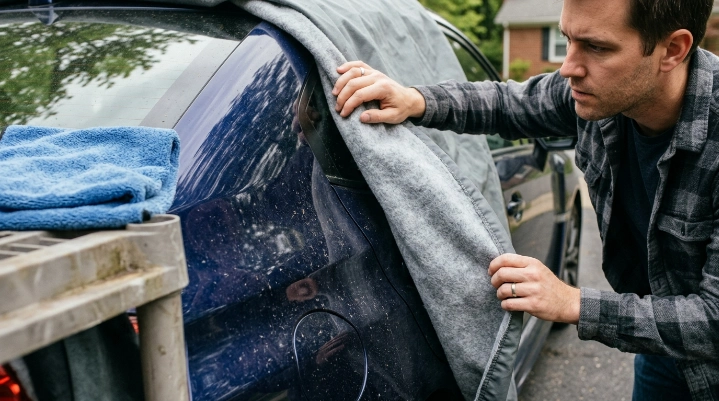 Car owner cleaning dusty paint before installing protective cover