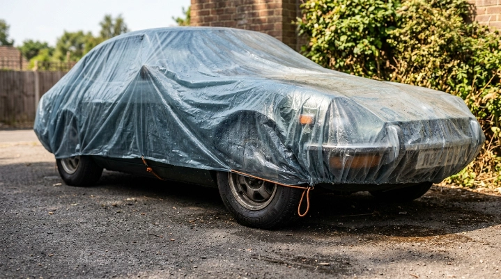 Covered vehicle showing condensation risk from poor cover material