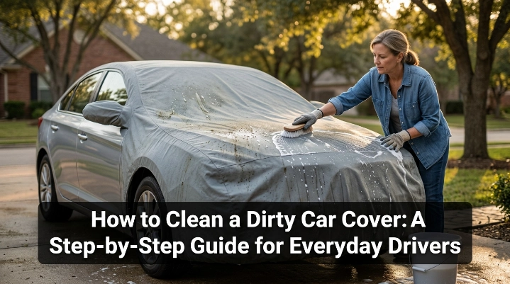 Driver washing a dirty car cover protecting a vehicle outdoors