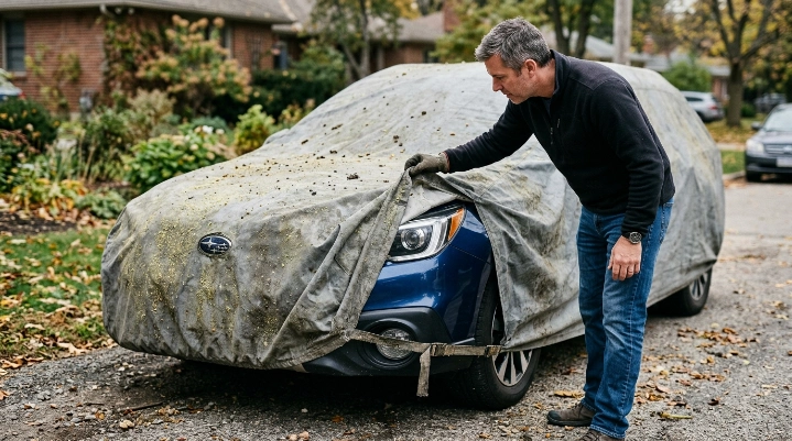Dust and grime buildup on a car cover outdoors