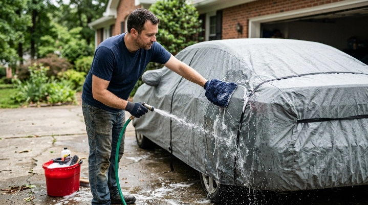 Driver cleaning secured car cover with soap and water