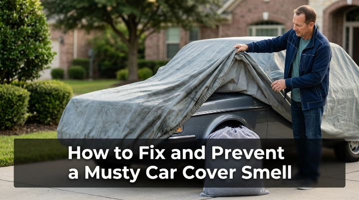 Car cover being removed and cleaned to prevent musty odors