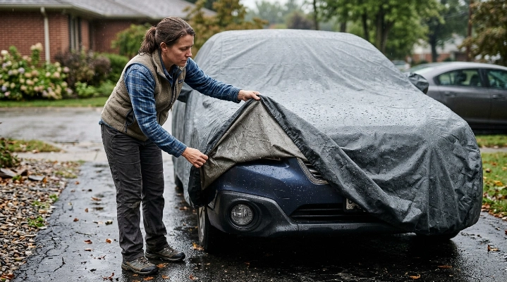 Wet car cover showing trapped moisture and mildew risk