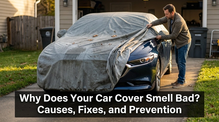 Driver inspecting damp mildew-prone car cover fabric