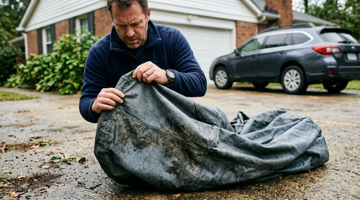 Driver inspecting damp mildew-prone car cover fabric