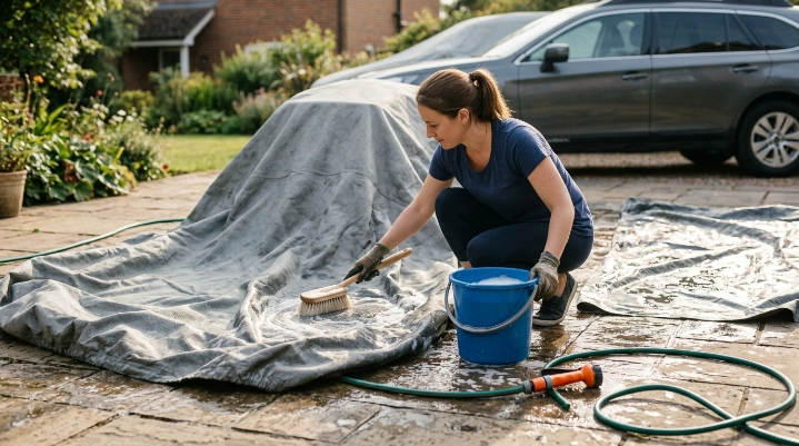 Person washing a dirty car cover outdoors