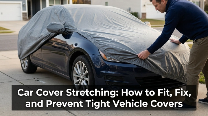 Vehicle owner stretching a tight car cover safely over a parked car