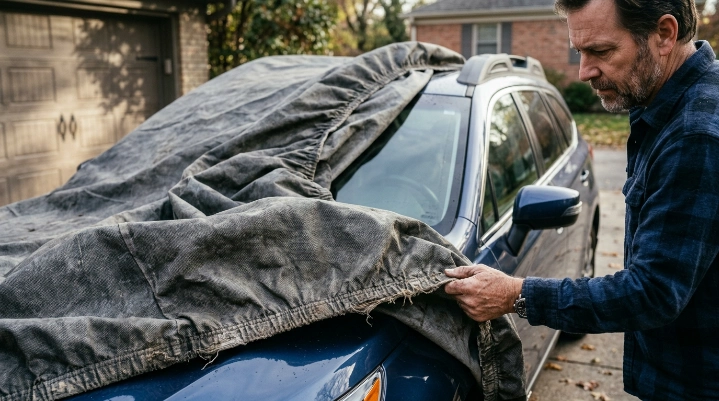 Close-up of a tightened synthetic car cover showing fabric wear