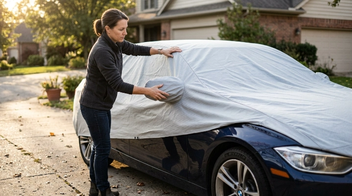 Owner gently fitting a warmed car cover over a vehicle