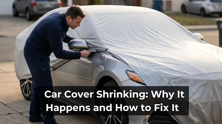 Shrunken car cover stretched over vehicle showing fit issues and repair concept