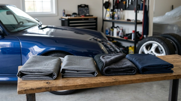 Different car cover fabrics displayed beside a vehicle