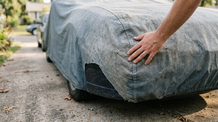 Close-up of weathered synthetic car cover under sunlight