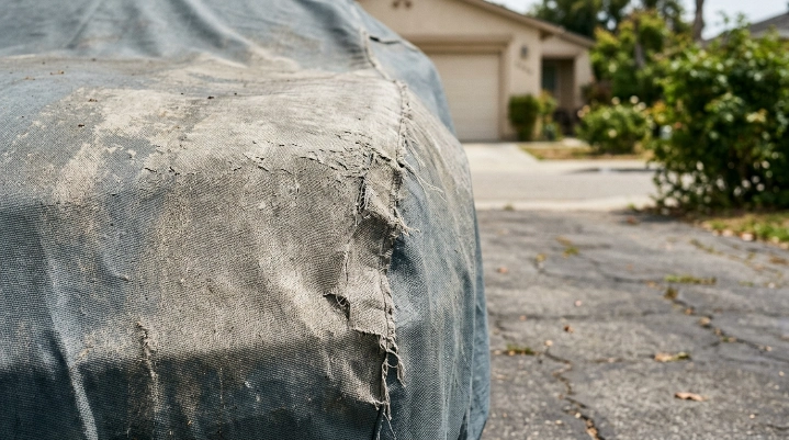 Close-up of UV damaged faded car cover fabric