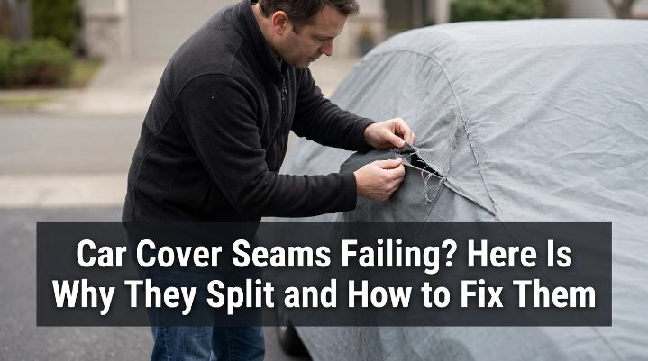 Car cover seams failing with visible split stitching and outdoor damage