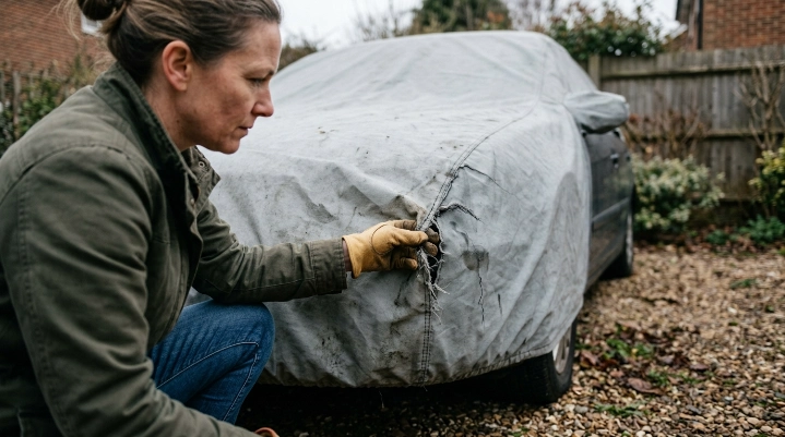 Close view of damaged car cover stitching from UV and moisture exposure