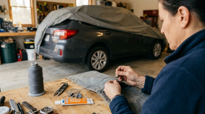 DIY car cover seam repair using thread and fabric sealant