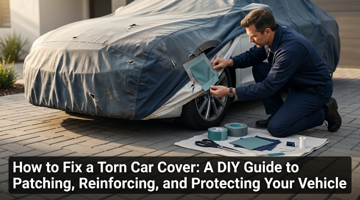 Person repairing a torn car cover with patch materials beside a vehicle