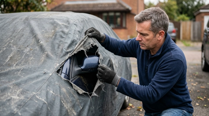 Car owner checking fabric damage and UV wear on a torn cover