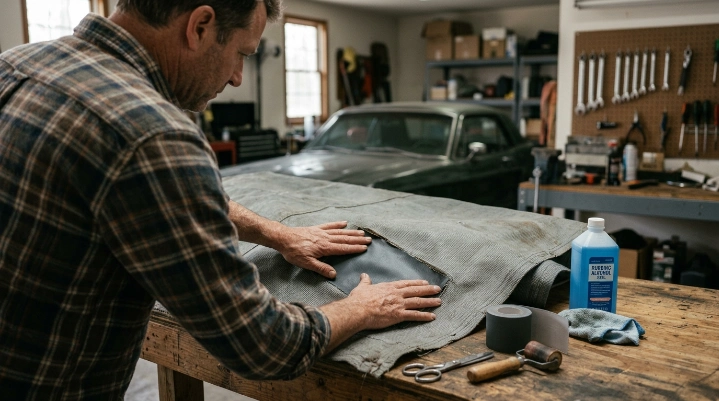DIY repair process applying a patch to damaged car cover fabric