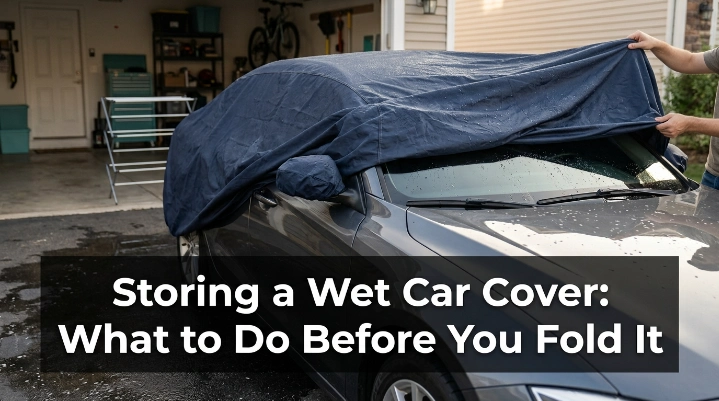 Driver shaking water from a wet car cover before storing wet car cover safely.