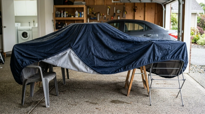 Wet car cover air-drying on clean supports before storing wet car cover.