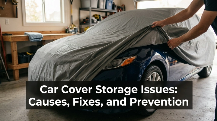 Car cover storage issues shown on a sedan parked under a fitted cover in a clean garage.