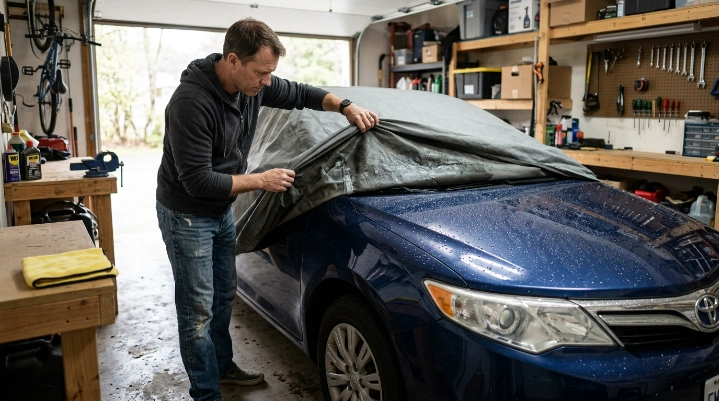 Car cover storage issues caused by condensation beneath a damp cover on a parked sedan.