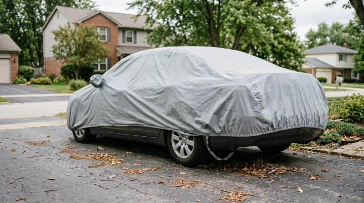Loose car cover moving in wind on a driveway, showing a common car cover storage issue.