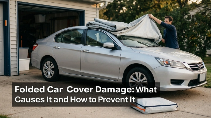 Folded car cover damage infographic showing grit, moisture, dragging, and compression risks