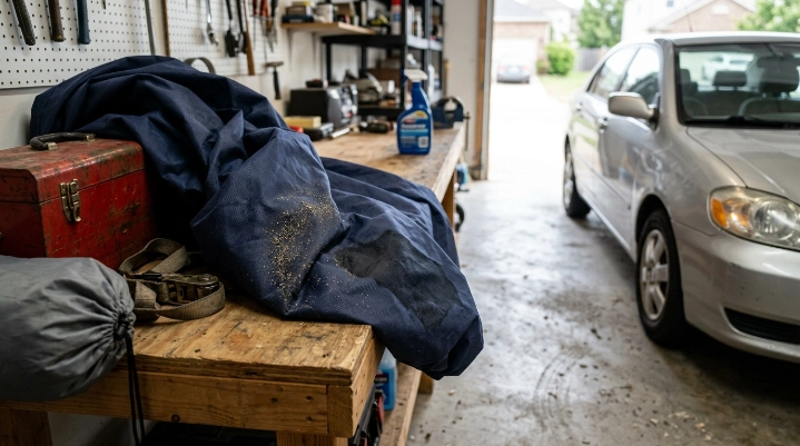 Folded car cover damage caused by trapped grit, moisture, and poor garage storage
