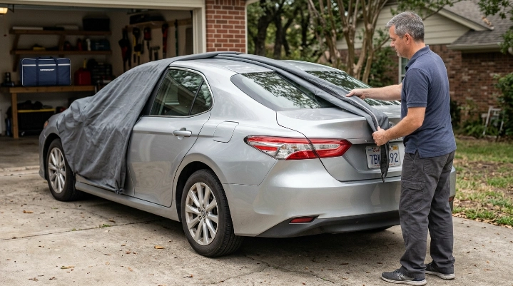 Owner safely folding a car cover inward on a sedan to prevent folded car cover damage