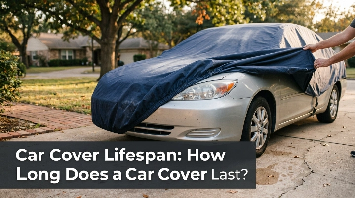 Car cover lifespan shown by a weathered fitted cover on an outdoor daily-driver sedan