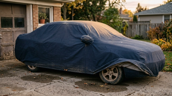 Faded outdoor car cover exposed to sunlight, wind, moisture, and dirt that shorten car cover lifespan