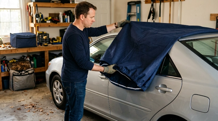 Owner folding and inspecting a dry car cover to extend car cover lifespan and prevent wear