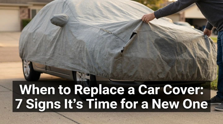 Owner inspecting worn fabric to learn when to replace car cover protection.