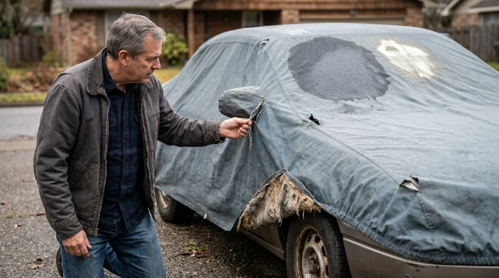 Worn car cover showing tears, loose seams, water penetration, and stretched elastic.