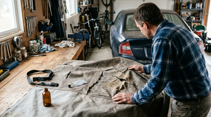 Car owner comparing repairable cover damage with brittle fabric that needs replacement.