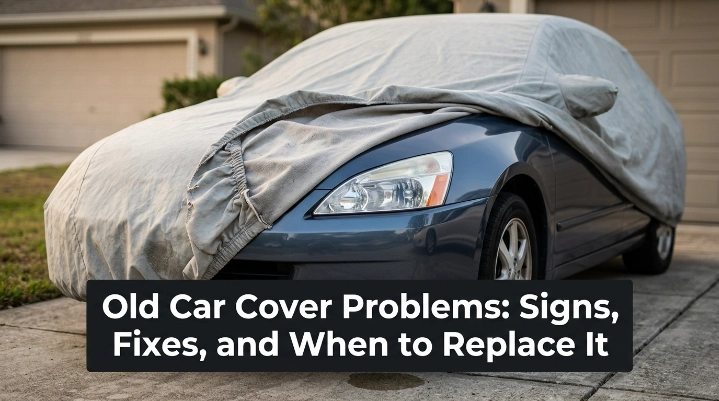 Old car cover problems shown by faded fabric, loose fit, dirty lining, and worn seams.