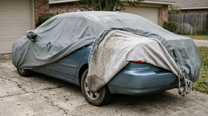 Worn car cover showing loose elastic, dirty lining, torn seam, thin fabric, and damp areas.