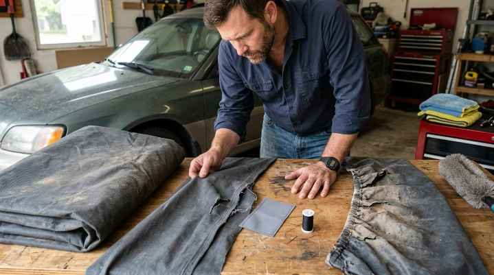 Car owner comparing a dirty cover, repairable tear, and badly worn cover needing replacement
