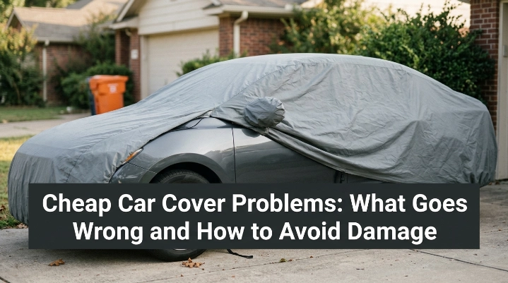 Loose budget car cover on a sedan illustrating common cheap car cover problems and paint risks.