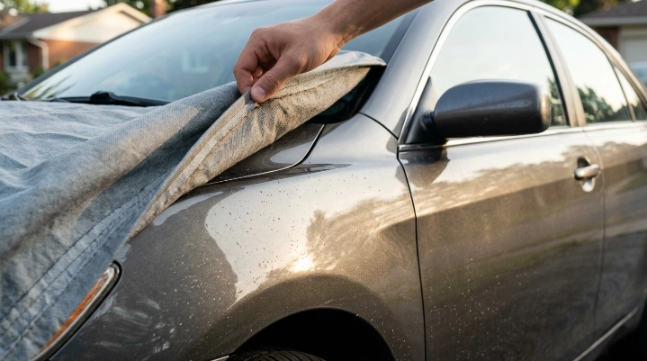 Dust and grit trapped under a loose car cover rubbing against a sedan's clear coat.