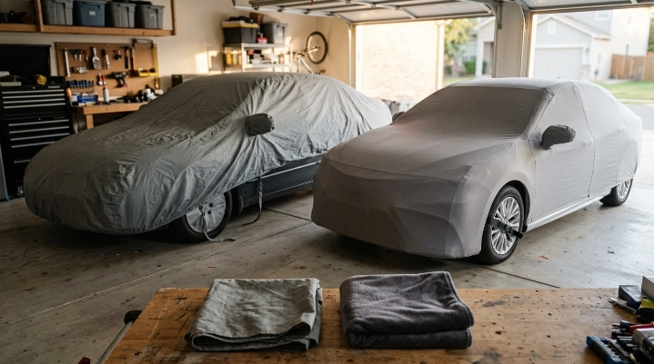 Loose universal car cover beside a better-fitting cover on two everyday sedans.